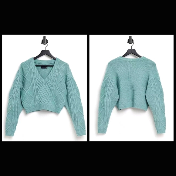 *SOLD* Slouchy V-Neck Ribbed Cable Knit Sweater in Sage, Size 4 Tall - Picture 2 of 10